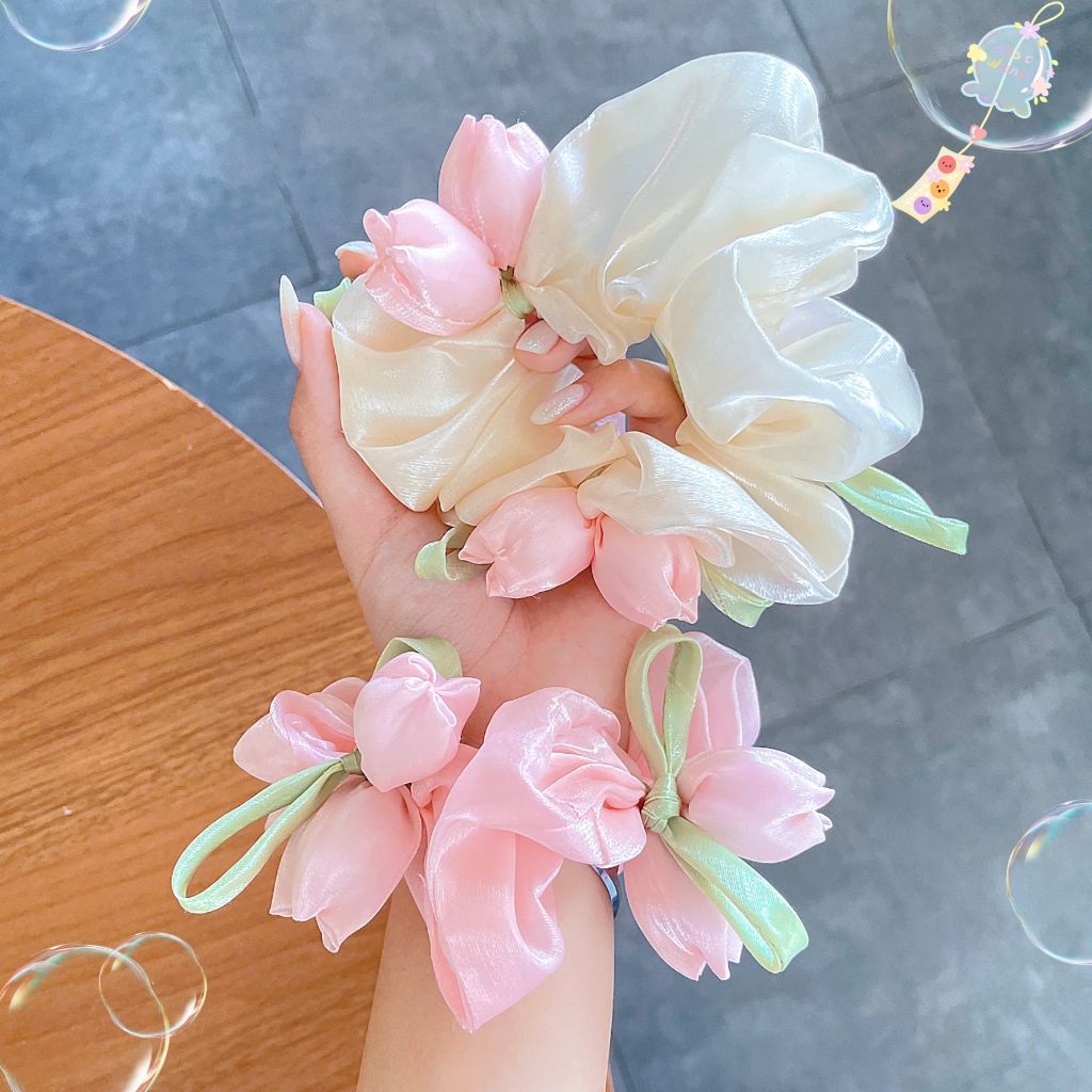 ** Scrunchies phồng voan cột hoa tulip