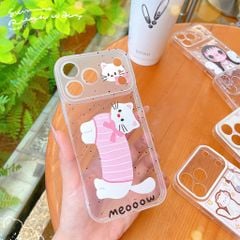 Ốp iPhone 17 Pro/18 Pro dẻo trong mèo trắng áo hồng thân dài Meooow