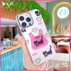 Ốp iPhone 16 Pro dẻo trắng túi hồng mèo đen và tim