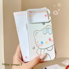 ** Ốp iPhone 17 Pro Max lưng cứng nhám trắng Kitty nơ caro xanh