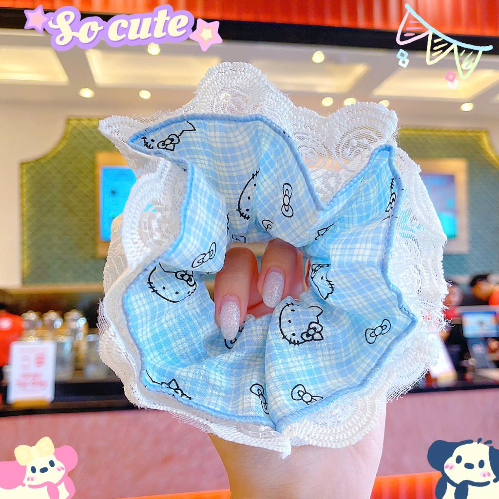 ** Scrunchies 4 lớp phối ren hình caro kitty hồng/nâu/xd