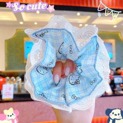 ** Scrunchies 4 lớp phối ren hình caro kitty hồng/nâu/xd