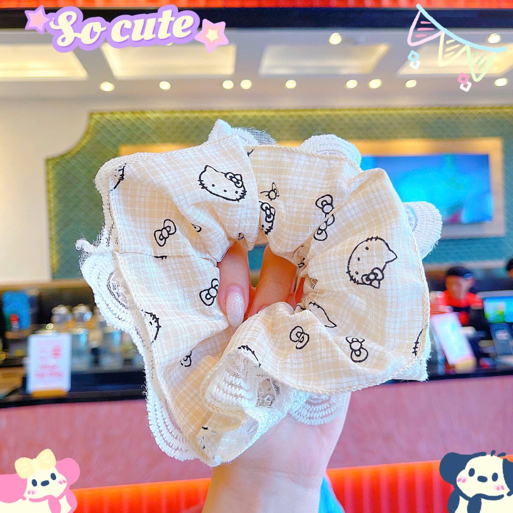** Scrunchies 4 lớp phối ren hình caro kitty hồng/nâu/xd