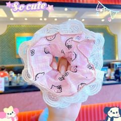 ** Scrunchies 4 lớp phối ren hình caro kitty hồng/nâu/xd