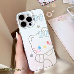 ** Ốp iPhone 14 Pro lưng cứng nhám trắng Kitty nơ caro xanh