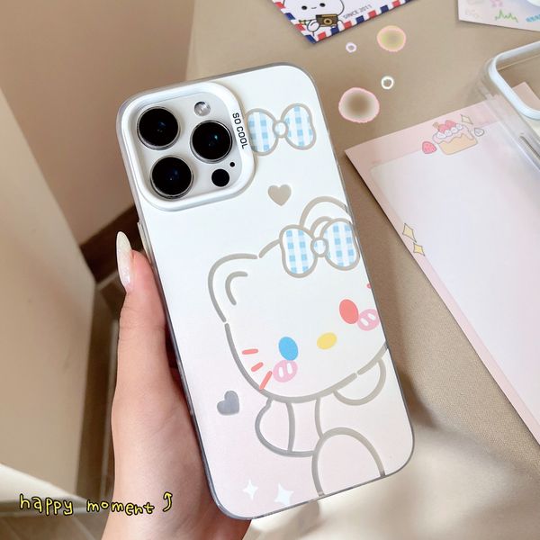 ** Ốp iPhone 15 Pro lưng cứng nhám trắng Kitty nơ caro xanh