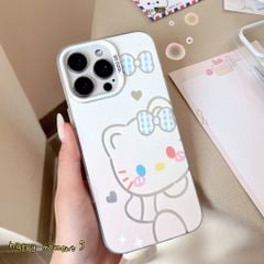 ** Ốp iPhone 15 Pro lưng cứng nhám trắng Kitty nơ caro xanh