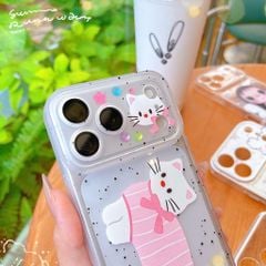 Ốp iPhone 17 Pro/18 Pro dẻo trong mèo trắng áo hồng thân dài Meooow