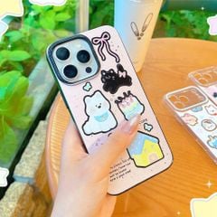 Ốp iPhone 15 Pro Max lưng cứng hồng viền đen cún/ngôi nhà/mèo/bánh kem/nơ