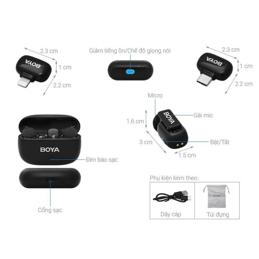 ** Micro cài áo Boya Mini 2 2 Mic Dual có hộp sạc