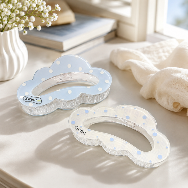 ** Kẹp càng cua xà cừ thạch tone Xanh dương hình mây caro/chấm bi