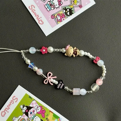 ** Dây đeo điện thoại chuỗi Kitty nơ hồng kèm charm