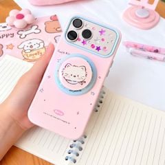 ** Ốp iPhone 17 Pro Max/18 Pro Max dẻo hồng magsafe kèm pop tròn mặt mèo trắng