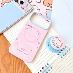 ** Ốp iPhone 17 Pro Max/18 Pro Max dẻo hồng magsafe kèm pop tròn mặt mèo trắng
