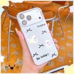 Ốp iPhone 17 Pro Max nhám trắng cún Puppy và nơ đen