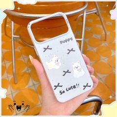 Ốp iPhone 17 Pro Max nhám trắng cún Puppy và nơ đen
