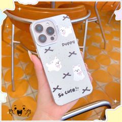 Ốp iPhone 15 Pro Max nhám trắng cún Puppy và nơ đen