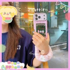** Ốp iPhone 15 Pro Max lưng ví chấm bi hồng kèm dây đeo bông Kitty