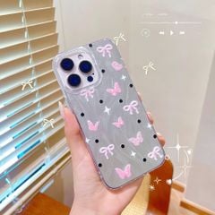 ** Ốp iPhone 12/12 Pro vân sóng ánh bạc nhiều bướm và nơ hồng