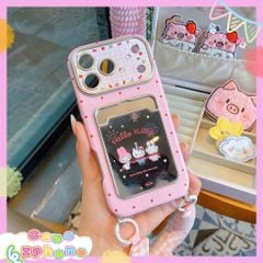 ** Ốp iPhone 15 Pro Max lưng ví chấm bi hồng kèm dây đeo bông Kitty
