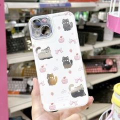 ** Ốp iPhone 14 dẻo trắng 4 mèo bánh kem và nơ hồng