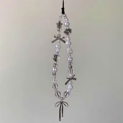 ** Dây đeo điện thoại ngọc trai hoa hồng/nơ bạc