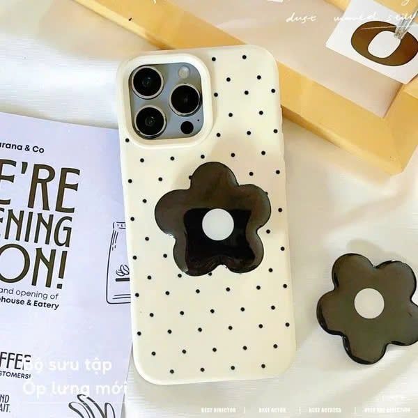 ** Ốp iPhone 14 Pro dẻo nền be chấm bi kèm pop hoa
