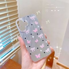 ** Ốp iPhone 17 vân sóng ánh bạc nhiều bướm và nơ hồng