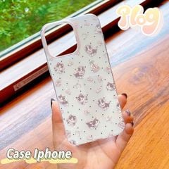 ** Ốp iPhone 14 Plus lưng cứng chấm bi nền trắng mèo xám đeo tai nghe