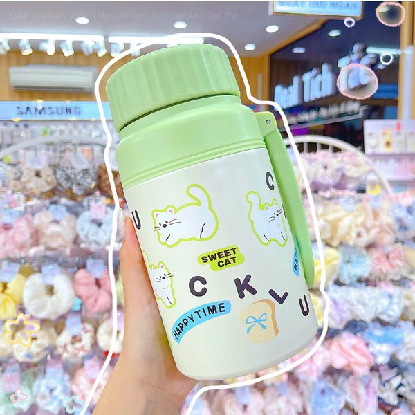 ** Bình nước giữ nhiệt Lucky Happy Time mèo xanh lá 1000ml