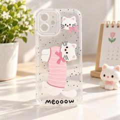 Ốp iPhone 12 6.1 dẻo trong mèo trắng áo hồng thân dài Meooow