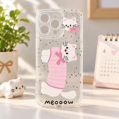 Ốp iPhone 16 Pro Max dẻo trong mèo trắng áo hồng thân dài Meooow