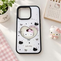Ốp iPhone 12/12 Pro dẻo nhám trắng Kitty tim trong viền đen