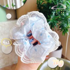 ** Scrunchies viền ren trắng caro/nơ tone XD