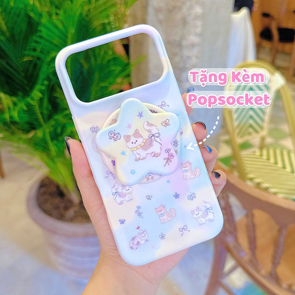 ** Ốp iPhone 17 Pro Max lưng cứng magsafe vàng xanh nhiều mèo kèm pop in mèo