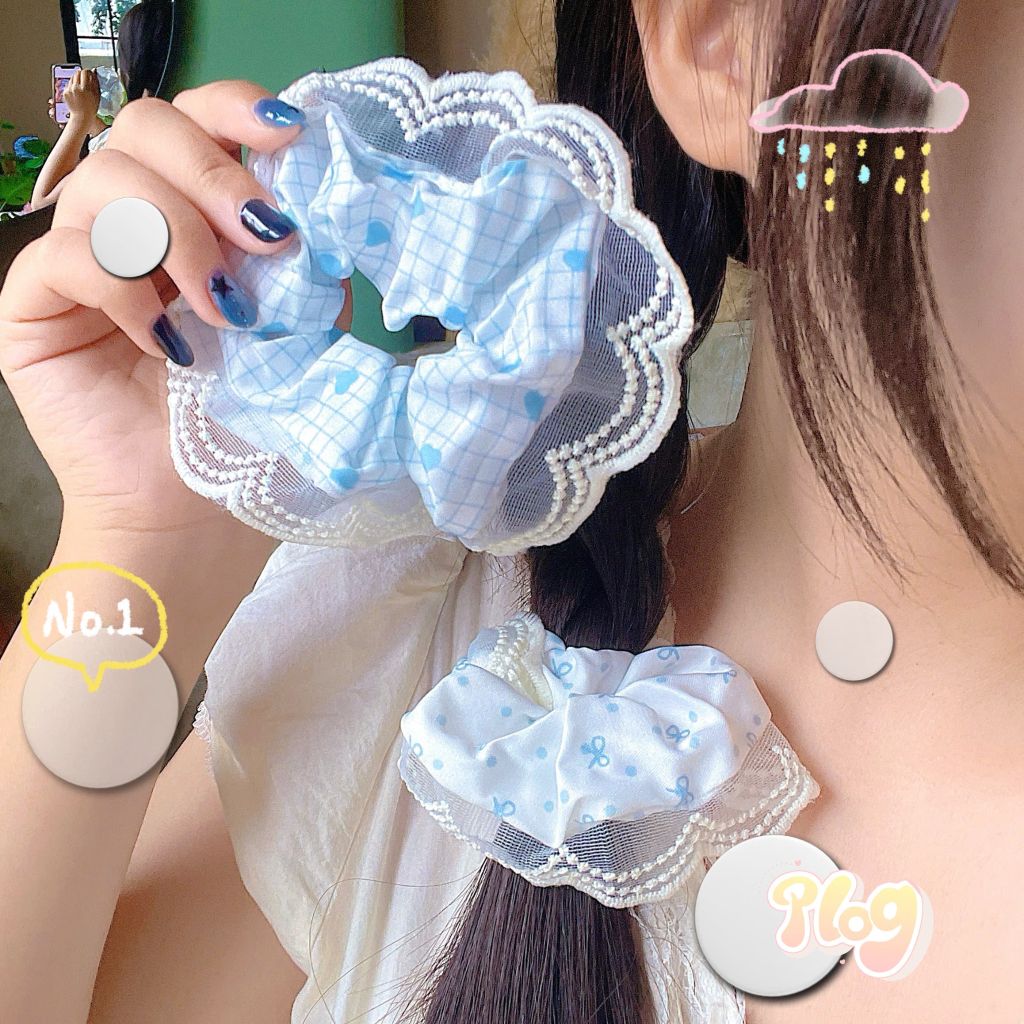 ** Scrunchies viền ren trắng caro/nơ tone XD
