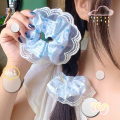 ** Scrunchies viền ren trắng caro/nơ tone XD