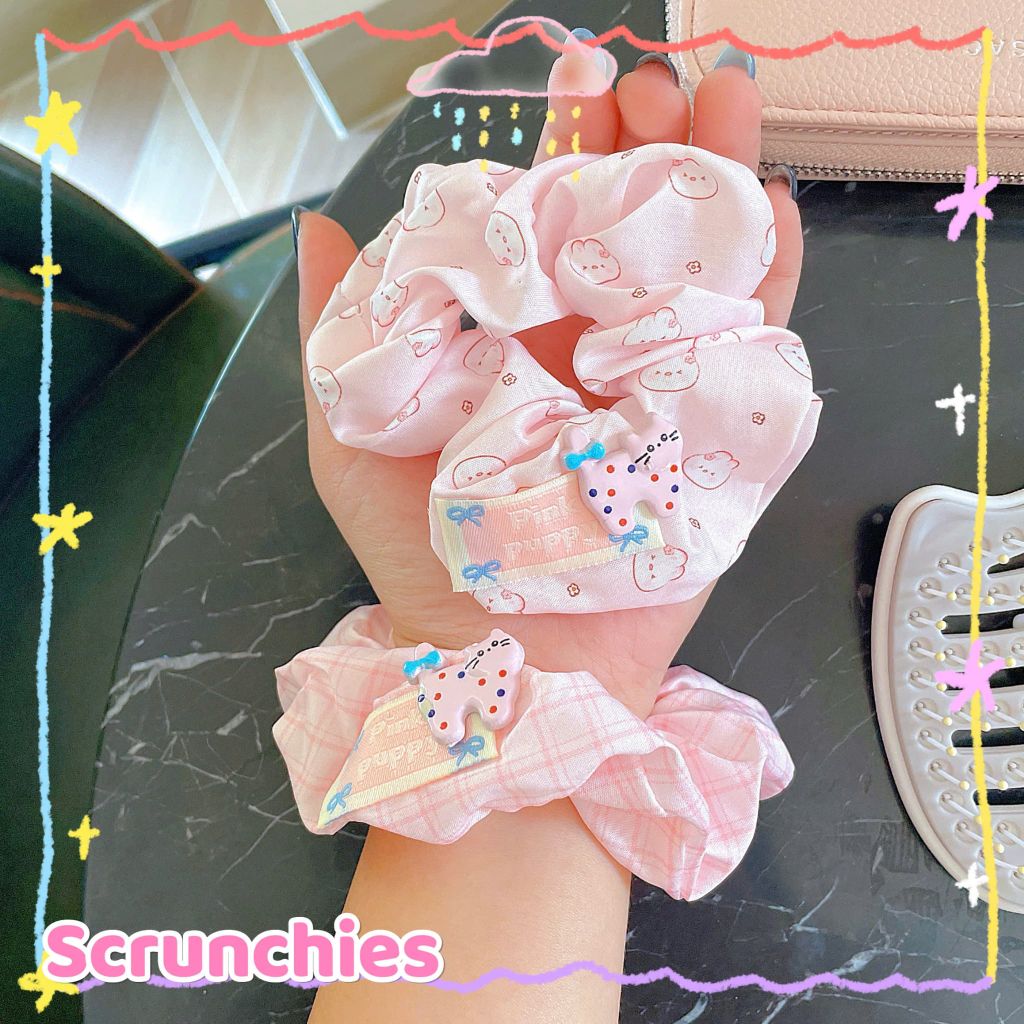 ** Scrunchies Kitty caro/tim/gấu/nơ tone hồng/trắng kèm tag cún