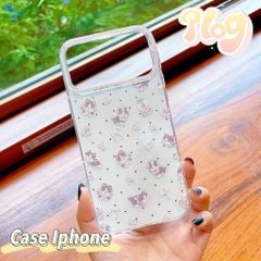 ** Ốp iPhone 17 Pro lưng cứng chấm bi nền trắng mèo xám đeo tai nghe