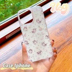 ** Ốp iPhone 12/12 Pro lưng cứng chấm bi nền trắng mèo xám đeo tai nghe