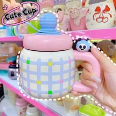 ** Bình giữ nhiệt caro xanh nắp hồng có tay cầm 800ml