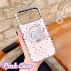 ** Ốp iPhone 17 Pro Max chấm bi nền hồng viền bạc kèm giá đỡ Kitty