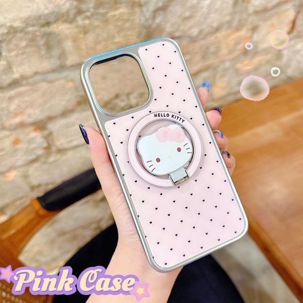** Ốp iPhone 14 Pro Max chấm bi nền hồng viền bạc kèm giá đỡ Kitty