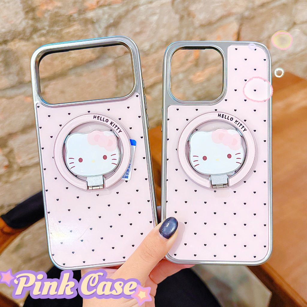 ** Ốp iPhone 17 Pro Max chấm bi nền hồng viền bạc kèm giá đỡ Kitty