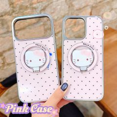 ** Ốp iPhone 17 Pro Max chấm bi nền hồng viền bạc kèm giá đỡ Kitty