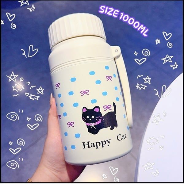 ** Bình giữ nhiệt Mèo đen Happy Cat nơ chấm bi 1000ml