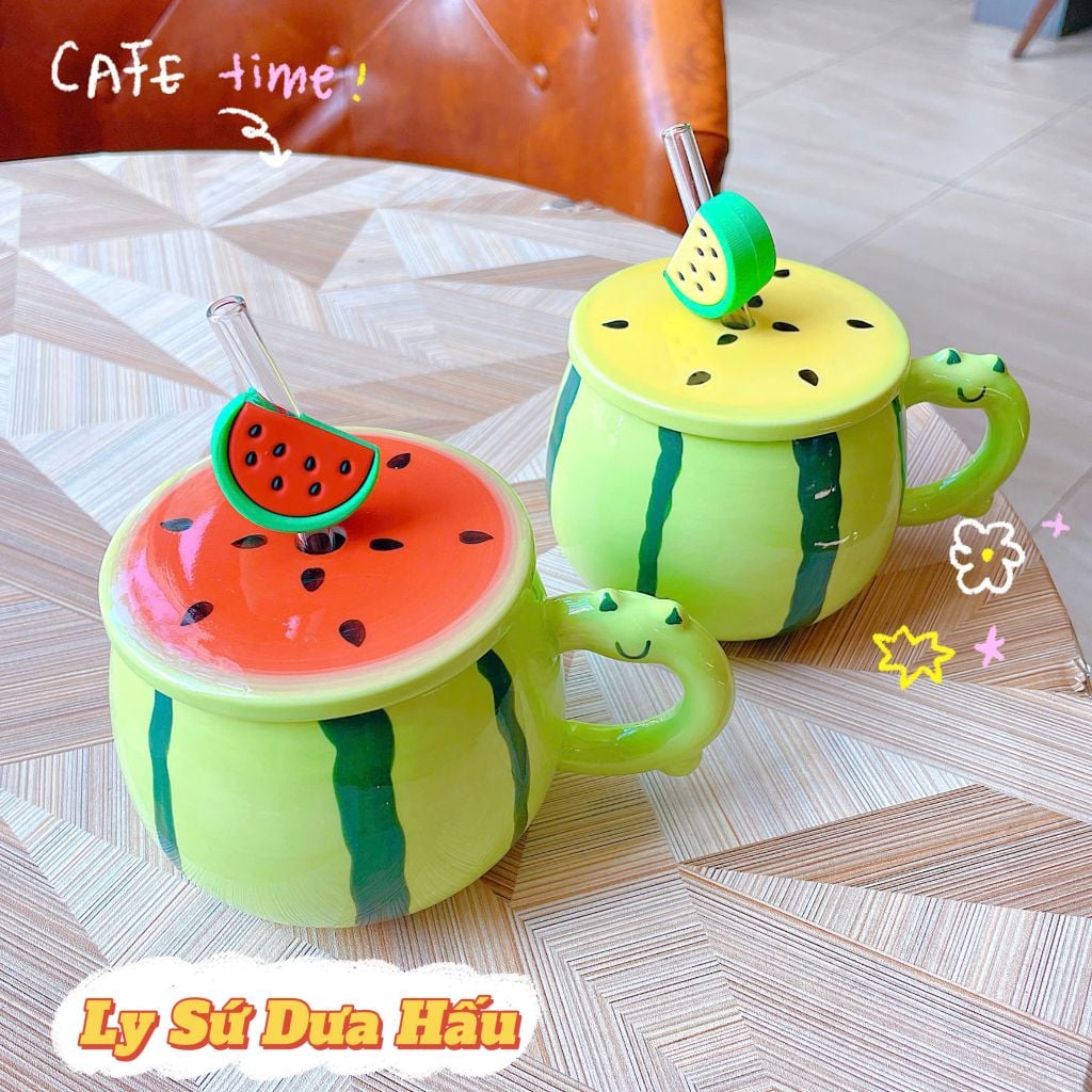 ** Cốc sứ dưa hấu kèm ống hút