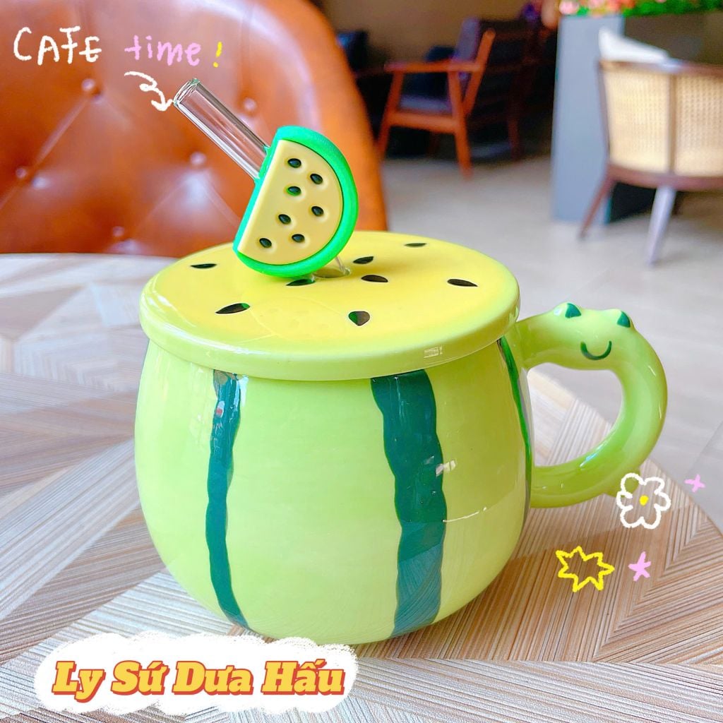 ** Cốc sứ dưa hấu kèm ống hút