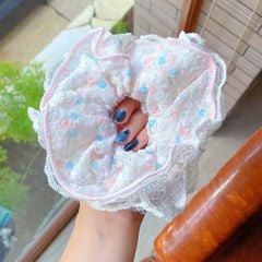 ** Scrunchies 4 lớp hoa nhí hồng phối ren