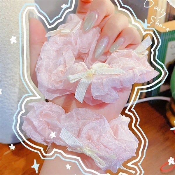 ** Scrunchies voan nhún đính nơ be/hồng